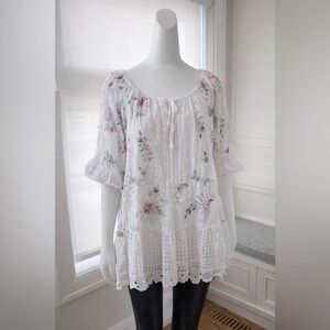 BEYOND CAPRI White Floral Eyelet Peasant Top - Lightweight Women's Blouse- OS